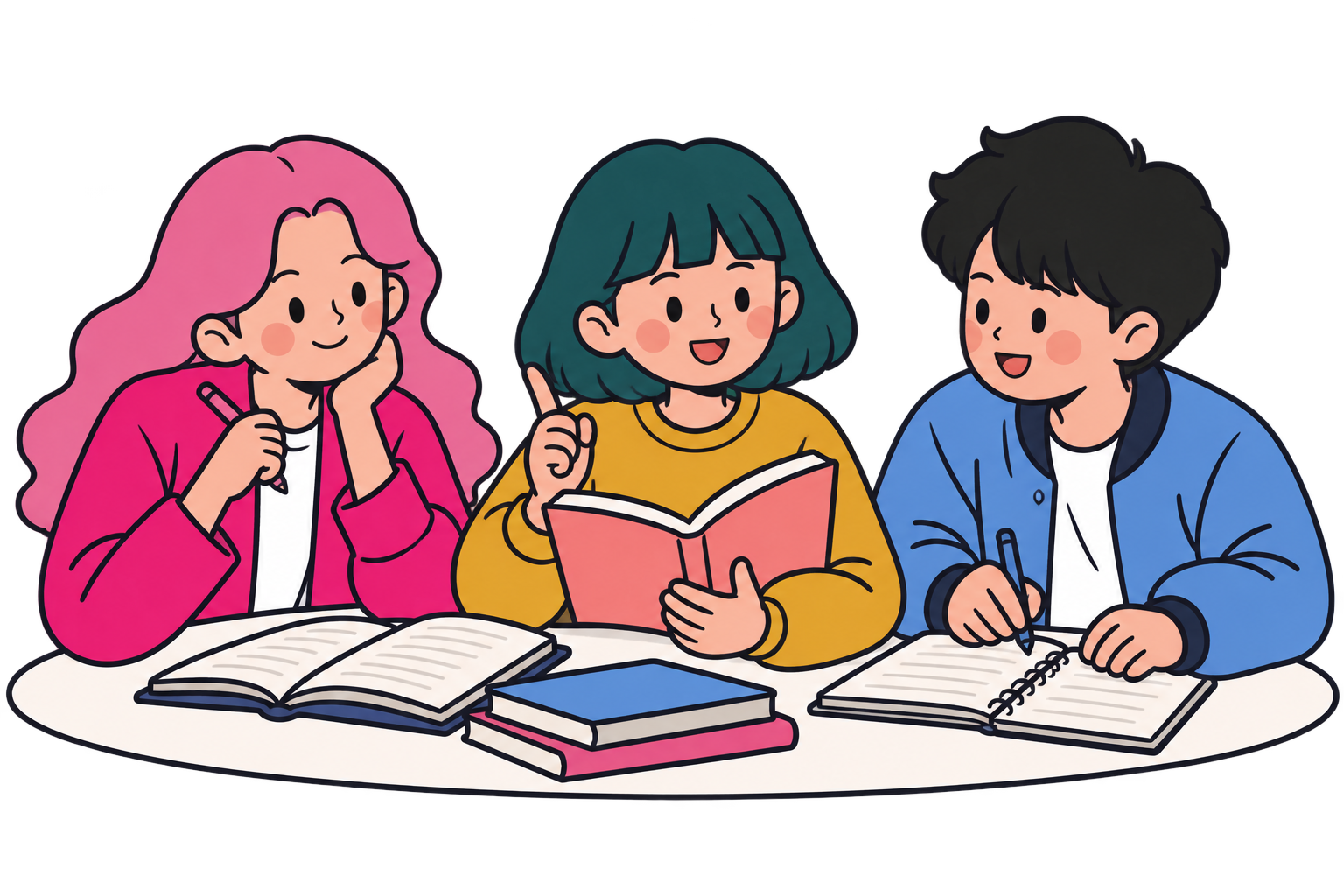 Personajes de Dolu Academy aprendiendo juntos
